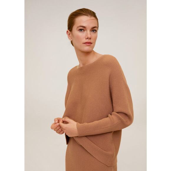 Mango Tan Ribbed Knit Batwing Sweater Size Small Long Sleeve Stretch - Picture 1 of 13